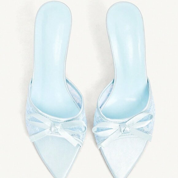 Blue Sexy Women's Satin Mesh Stitching Bow Pointed Stiletto Heels - Picture 3 of 5